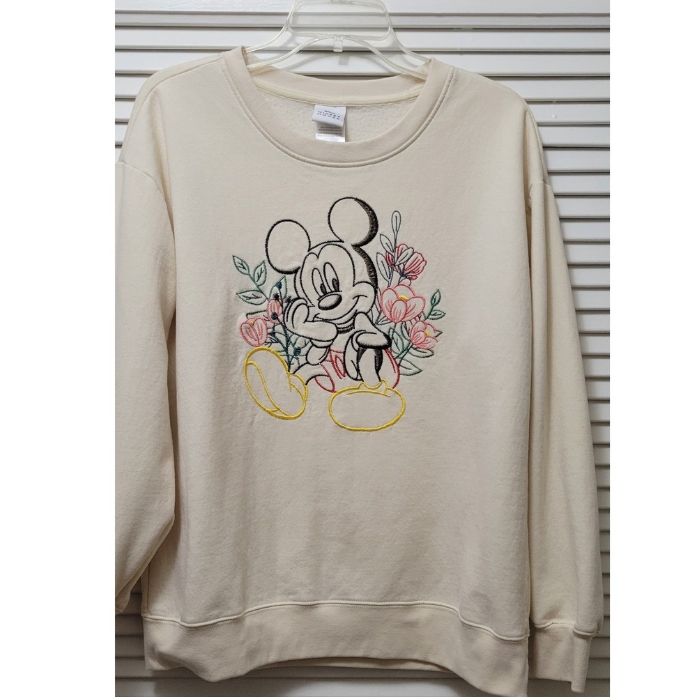 Disney Mickey Mouse Floral Embroidered Sweatshirt Cream XL RN71868
